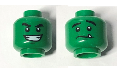 Minifigure, Head Dual Sided Black Eyebrows, White Pupils, Wide Smile / Nervous with Tooth Pattern (Beast Boy)