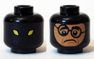 Minifigure, Head Dual Sided Alien with Yellow Eyes / Balaclava with Face Hole, Nougat Frowning Face with Crooked Glasses Pattern