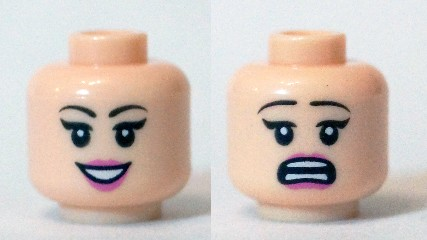 Minifigure, Head Dual Sided Female Black Eyelashes, Dark Pink Lips, Smile with Teeth / Open Mouth Scared Pattern (Daphne)