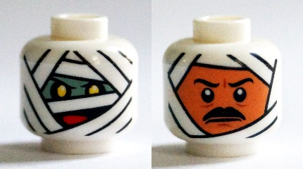 Minifigure, Head Dual Sided Alien Mummy Wrappings, Yellow Eyes and Red Mouth / Black Eyebrows and Moustache Pattern