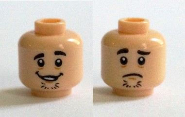 Minifigure, Head Dual Sided Black Eyebrows, Chin Stubble, Open Mouth Grin / Sad Face Pattern (Shaggy)