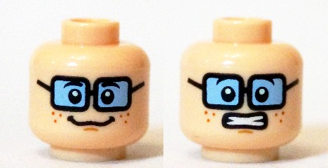 Minifigure, Head Dual Sided Female Freckles, Blue Tinted Glasses, Smiling / Scared Clenched Teeth Pattern (Velma)