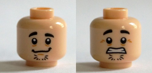 Minifigure, Head Dual Sided Black Eyebrows, Chin Stubble, Goofy Smile / Scared Clenched Teeth Pattern (Shaggy)