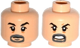 Minifigure, Head Dual Sided Goatee, Black Eyebrows, Creases Under Eyes, Closed Mouth / Open Mouth with Teeth Pattern