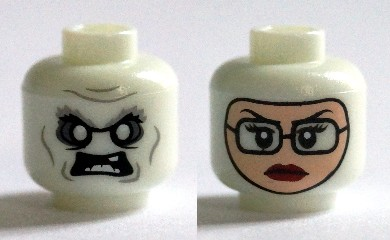 Minifigure, Head Dual Sided Alien with White Eyes and Teeth / Balaclava, Light Nougat Female Face with Glasses, Red Lips Pattern