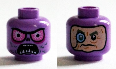Minifigure, Head Dual Sided Alien with Bright Pink Eyes, Open Mouth with Pointed Teeth / Balaclava, Light Nougat Face with Monocle Pattern