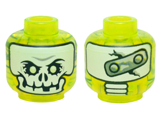 Minifigure, Head Alien Ghost with White Skull Face, Yellowish Green Eyes, and Metal Plate on Back Pattern
