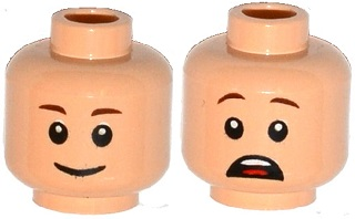 Minifigure, Head Dual Sided Reddish Brown Eyebrows, Smile / Open Mouth Scared with Top Teeth and Red Tongue Pattern