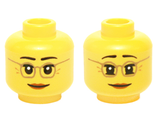 Minifigure, Head Dual Sided Female Dark Tan Glasses, Laugh Lines, Dark Orange Lips, Neutral / Raised Eyebrows Amused Pattern