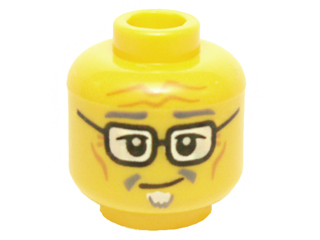 Minifigure, Head Goatee, Dark Bluish Gray Eyebrows, Glasses, Crooked Smile, Cheek Lines and Forehead Wrinkles Pattern
