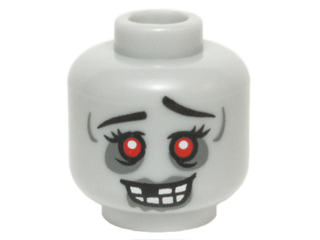 Minifigure, Head Alien Zombie Female Black Eyebrows and Eyelashes, Red Eyes, Dark Bluish Gray Eye Shadow, Lips, and Drool, Open Mouth Smile with Missing Tooth Pattern