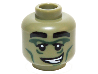 Minifigure, Head Alien with Black Eyebrows, Dark Green Eye and Cheek Lines, Crooked Smile with Teeth Pattern