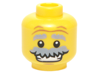 Minifigure, Head Light Bluish Gray Bushy Eyebrows and Moustache, Forehead Creases, Chin Dimple, Open Mouth Smile with Teeth Pattern