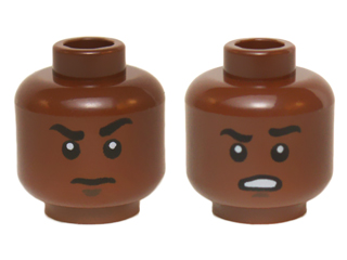 Minifigure, Head Dual Sided Black Eyebrows, Left Raised, Dark Brown Chin Dimple, Stern / Open Mouth Scowl with Teeth Pattern