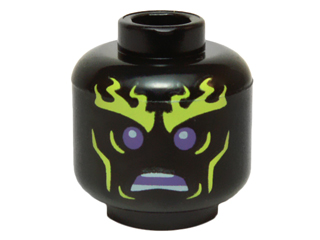 Minifigure, Head Alien with Yellowish Green Flaming Eyebrows and Cheek Lines, Dark Purple Eyes, Angry Open Mouth with Teeth Parted Pattern
