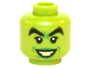Minifigure, Head Female Black Thick Eyebrows, Green Lips and Dimples, Open Mouth Smile with Bright Light Yellow Teeth Pattern