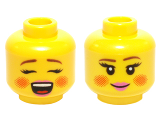 Minifigure, Head Dual Sided Female Rosy Cheeks, Brown Eyebrows, Pink Lips, Open Mouth / Closed Mouth Smile Pattern (Caroler)