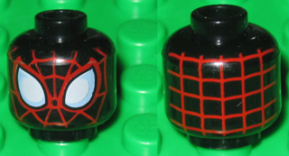Minifigure, Head Alien with Spider-Man Red Webbing, Large White Eyes with Bright Light Blue Edges and Red Borders, Webs Touch at Nose Pattern