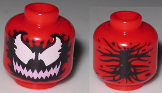 Minifigure, Head Alien with Large White Eyes and Bright Pink Wide Grin with Sharp Teeth on Black Pattern (Carnage)