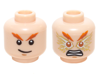 Minifigure, Head Dual Sided Dark Orange and Orange Eyebrows, Medium Nougat Chin Dimple, Smirk / Gold and White Electrified Eyes and Angry Open Mouth with Teeth Parted Pattern