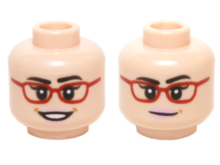 Minifigure, Head Dual Sided Female Glasses Red Frames, Dark Brown Eyebrows with Open Smile / Slight Smile Pattern (Amy Fowler)