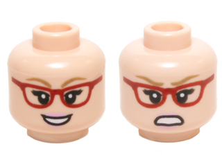 Minifigure, Head Dual Sided Female Glasses Red Angled Frames, Dark Tan Eyebrows with Open Smile / Angry Pattern (Bernadette)