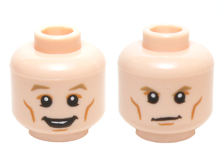 Minifigure, Head Dual Sided Dark Tan Eyebrows, White Pupils, Cheek Lines with Open Mouth Smile / Determined Pattern
