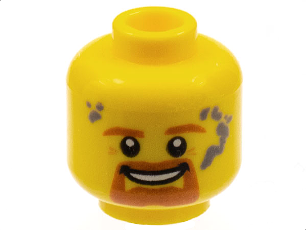 Minifigure, Head Dark Orange Eyebrows, Goatee, and Moustache, Dark Bluish Gray Splotches, Open Mouth Smile with Teeth Pattern