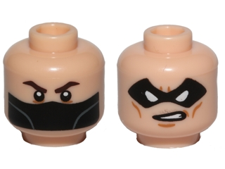 Minifigure, Head Dual Sided Dark Brown Eyebrows and Black Bandana / Black Eye Mask with White Eye Holes and Open Mouth Scowl with Teeth Pattern