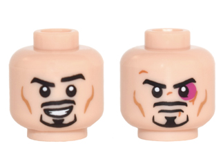 Minifigure, Head Dual Sided Black Eyebrows, Moustache, and Goatee, Medium Nougat Cheek Lines, Open Mouth Smile with Teeth / Angry Frown and Magenta Black Eye Pattern