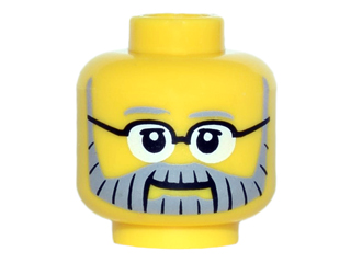Minifigure, Head Gray Eyebrows and Full Beard with Black Lines, Black Glasses and White Pupils Pattern