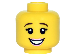 Minifigure, Head Female Dark Brown Eyebrows, Black Eyelashes, Bright Pink Lips, Open Mouth Smile with Teeth Pattern