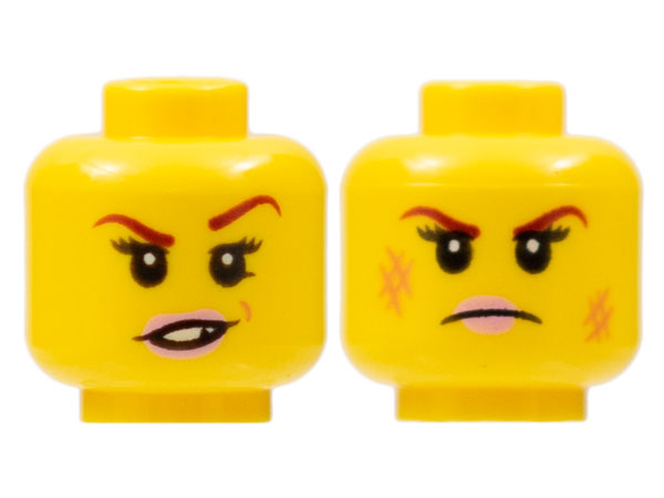 Minifigure, Head Dual Sided Female Dark Red Eyebrows, Pink Lips, Frown, Scratches / Eyebrow Raised, Chipped Toothed Smirk Pattern