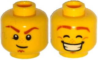 Minifigure, Head Dual Sided Dark Orange Eyebrows with Scar, Soul Patch, Medium Nougat Freckles, Determined / Smile with Teeth, Dimples, Eyes Closed Pattern