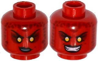 Minifigure, Head Dual Sided Alien Female Black Eyebrows, Yellow Sunken Eyes, Black Lips, Dark Red Spots, Smirk / Bared Teeth Pattern