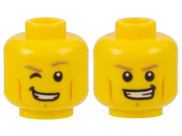Minifigure, Head Dual Sided Dark Tan Eyebrows, Medium Nougat Cheek Lines and Chin Dimple, Lopsided Open Mouth Smile with Teeth, Right Eye Winking / Both Eyes Open Pattern