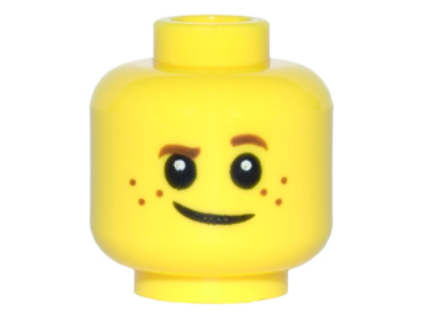 Minifigure, Head Child Brown Eyebrows, Raised Left Eyebrow, Freckles, White Pupils, Crooked Smile Pattern