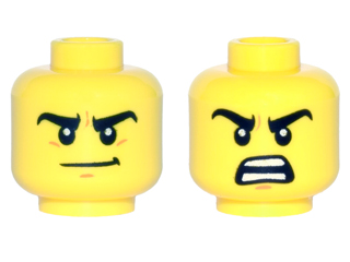 Minifigure, Head Dual Sided Thick Black Eyebrows, Medium Nougat Chin Dimple, Determined Smirk / Open Mouth Scowl with Teeth Parted Pattern