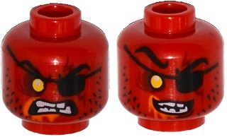 Minifigure, Head Dual Sided Alien Eye Patch, Yellow Sunken Eye, Stubble, Orange Mouth Froth, Evil Smile / Open Mouth Angry Pattern