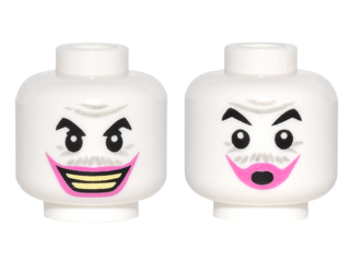 Minifigure, Head Dual Sided Black Eyebrows, Light Bluish Gray Wrinkles and Moustache, Dark Pink Lips, Open Mouth Smile with Teeth / Pursed Lips Pattern (The Joker)