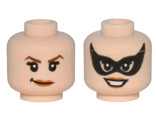 Minifigure, Head Dual Sided Female Dark Brown Pointed Eyebrows, Smirk / Black Eye Mask Pointed, Smile Pattern (Catwoman)