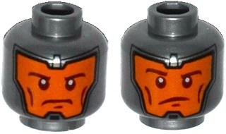 Minifigure, Head Dual Sided Balaclava, Orange Face, Dark Red Eyebrows and Cheek Lines, Determined / Raised Eyebrow Pattern