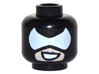 Minifigure, Head Mask with White Pointed Eye Opening over Light Nougat Skin, Dark Purple Lips and Open Mouth Grin Pattern