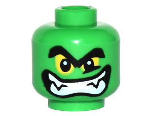 Minifigure, Head Alien with Black Thick Eyebrows, Yellow Eyes and Wide Grin with Teeth and Fangs Pattern