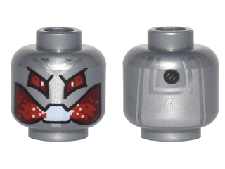 Minifigure, Head Alien with Robot Red Eyes and Mouth, Silver Panel and Black Rivet on Back Pattern