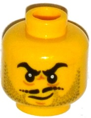 Minifigure, Head Beard Gray Stubble, Black Moustache and Angry Eyebrows, Lines under Eyes, Smirk Pattern