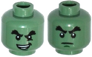 Minifigure, Head Dual Sided Black Bushy Eyebrows, Chin Dimple, Evil Smile, Crease under Eye / Determined Pattern