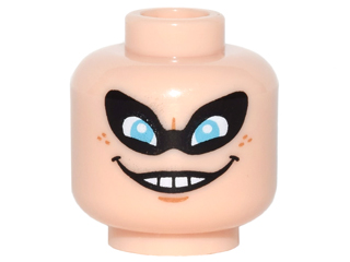 Minifigure, Head Black Eye Mask with Holes over Medium Azure Eyes, Nougat Chin Dimple and Freckles, Evil Wide Open Mouth Smile with Teeth Pattern