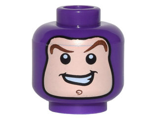 Minifigure, Head Balaclava with Face Hole, Reddish Brown Curved Eyebrows, Chin Swirl, Open Mouth Smile Pattern (Buzz Lightyear)