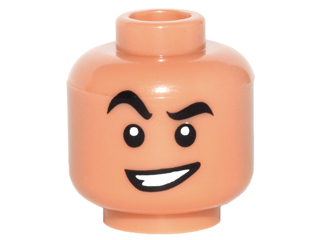 Minifigure, Head Black Thick Eyebrows, Raised Right Eyebrow, Lopsided Open Mouth Smile with Teeth Pattern